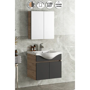 Yıldız 55 cm Atlantik Çam-Antrasit Gri Mat Mdf Seramik Lavabolu Asma Banyo Dolabı Takımı