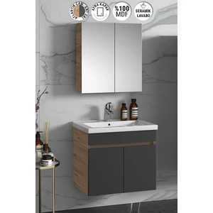Çiğdem 55 cm Atlantik Çam-Antrasit Gri Mat Mdf Seramik Lavabolu Asma Banyo Dolabı Takımı
