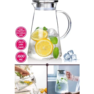 Tilbe Home Borosilikat Cam Sürahi Karaf Cam Kulplu Metal Kapaklı Sıcak Soğuk Kokteyl Meşrubat Sürahisi 1600 ml