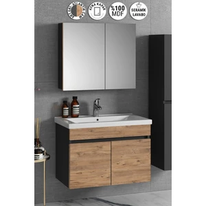 Çiğdem 80 cm Antrasit Gri Mat-Atlantik Çam Mdf Seramik Lavabolu Asma Banyo Dolabı Takımı