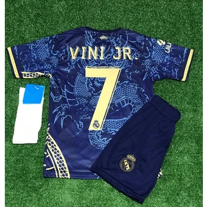 Real Madrid 2023/24 Yeni Sezon Dragon Desenli Vini Jr Özel Çocuk Forması Şort Çorap 3'lü Set
