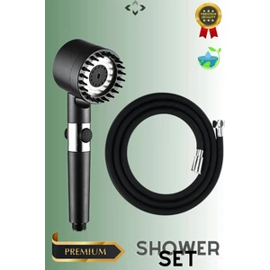 Black Shower Set Basınçlı Filtreli 3 Kademeli Turbo Duş Başlığı 150 cm Duş Hortumu Kendinden Yapışkanlı Mafsal Masajlı Duş Seti