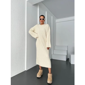 Moda Dina Krem Bisiklet Yaka Örgü Desen Uzun Triko Elbise