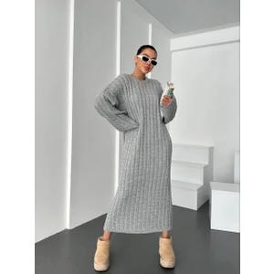 Moda Dina Gri Bisiklet Yaka Örgü Desen Uzun Triko Elbise