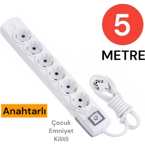 Grup Priz Topraklı 6 Lı 5 Metre Anahtarlı Çocuk Korumalı Çoklu Priz Seyyar Ara Kablo Uzatma Kablosu