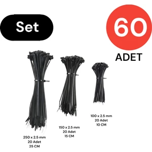 Plastik Kablo Bağı Cırt Kelepçe Set 100-150-250 x 2.5 mm Siyah (20 x 3) 60 Adet