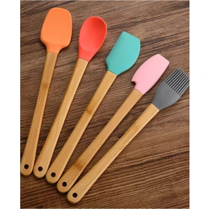 5'li Renkli Bambu Saplı Silikon Uçlu Spatula Fırçalı Kaşık Seti