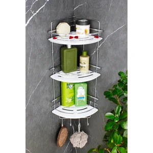 Kristal Raflı Krom Lamalı Üçlü Şampuanlık Yapışkanlı Banyo Düzenleyici Köşeliği Rafı
