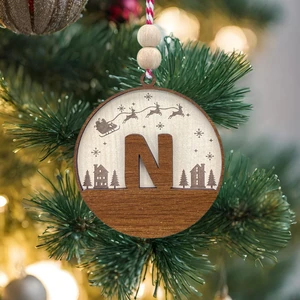 Iskandinav Tarzı N Harfi Yılbaşı Ağaç Süsü, Kişiselleştirilmiş Minimalist Noel Baba Desenli Çam Ağacı Süsü