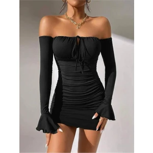 Siyah Dalgıç Kumaş İspanyol Kol Mini Elbise