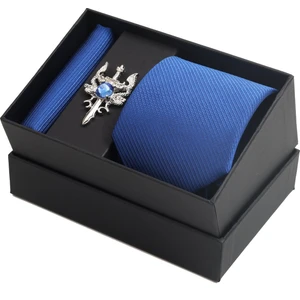 Hand Made Saks Rengi Kravat Mendil Taşlı Broş Hediye Seti