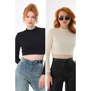 Siyah-Ekru 2'li Paket Dik Yaka Fitted/vücuda Oturan Crop Fitilli Esnek Örme Bluz