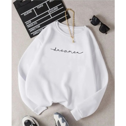 Beyaz Dreamer Baskılı Oversize Bisiklet Yaka Unisex Sweat.