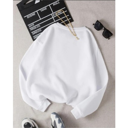 Beyaz Dreamer Baskılı Oversize Bisiklet Yaka Unisex Sweat.