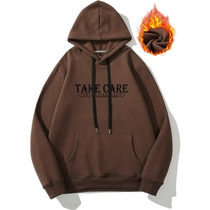 Kahverengi Take Care Baskılı Oversize Kapüşonlu Erkek Sweatshirt