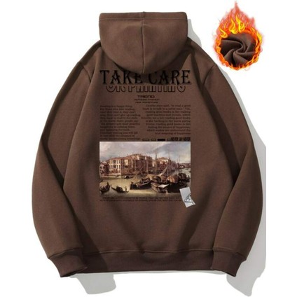 Kahverengi Take Care Baskılı Oversize Kapüşonlu Erkek Sweatshirt fiyatları