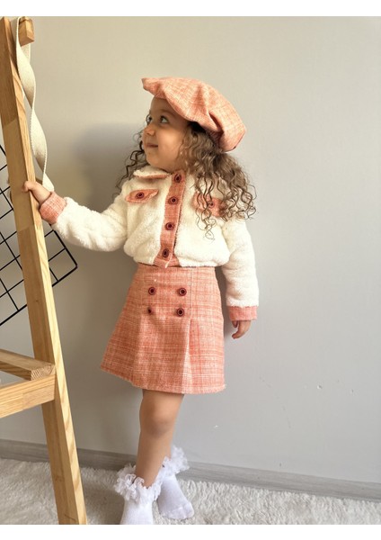 Oduncu Etekli Peluş Hırkalı Şapkalı Kışlık Kız Bebek Üçlü Takım Üçlü Elbise