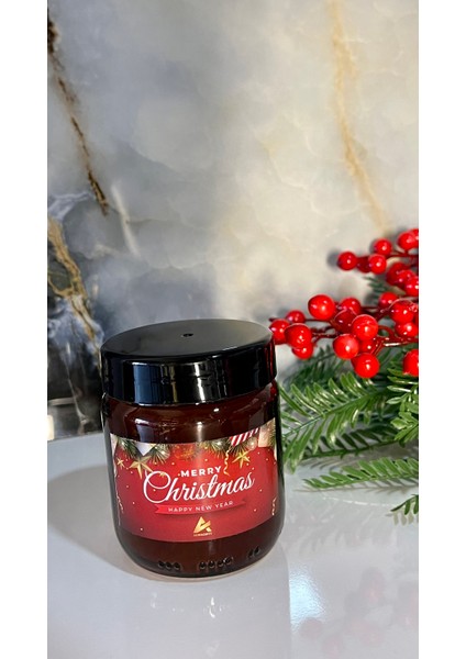 Merry Christmas Etiketli Mum, Vanilya Kokulu Mum, Yılbaşı Mumu, Hediyelik,Amber Kavanoz