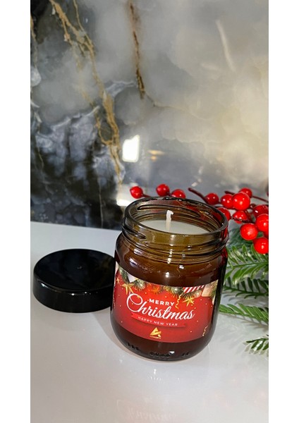 Merry Christmas Etiketli Mum, Vanilya Kokulu Mum, Yılbaşı Mumu, Hediyelik,Amber Kavanoz