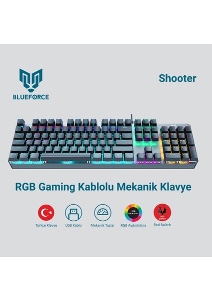 Shooter Rainbow Mekanik Gaming Oyuncu Klavyesi Red Switch Q Tr