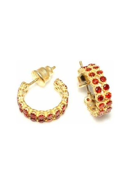 C Modeli 925 Ayar Gümüş Küpe, Sarı - Kırmızı Taş