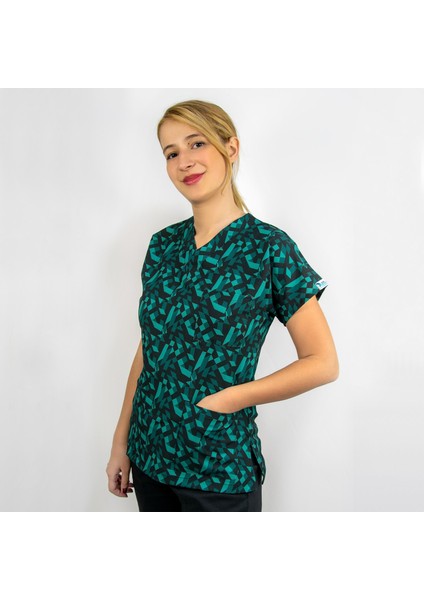 Geometri Desenli Likralı Doktor Hemşire Hastane Cerrahi Tek Üst Forma