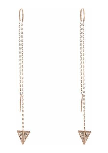 925 Ayar Gümüş Beyaz Taşlı Piramit Huni Uçlu Çift Zincir Küpe