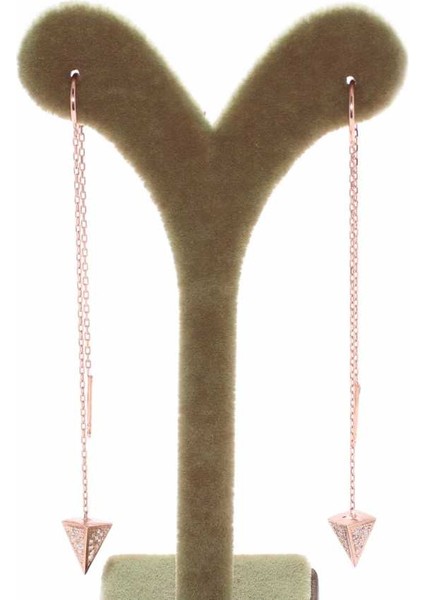 925 Ayar Gümüş Beyaz Taşlı Piramit Huni Uçlu Çift Zincir Küpe modelleri