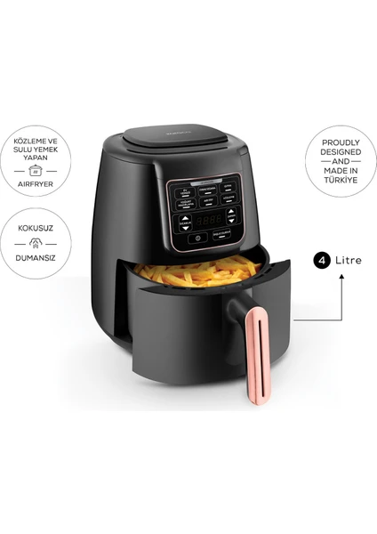 Air Pro Cook 3 in 1 XL Ev Yemeği, Közleme, Sulu Yemek Tencereli Airfryer Rosegold 4 Kişilik Fritöz