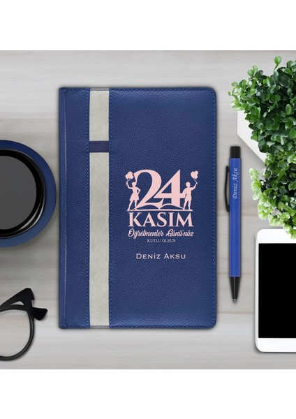 Kişiye Özel Öğretmenler Günü Tasarımlı 372 Lacivert Termo Deri Ajanda 2024 ve Kalem Hediye Seti- 3, Öğretmene Hediye, Öğretmenler Günü