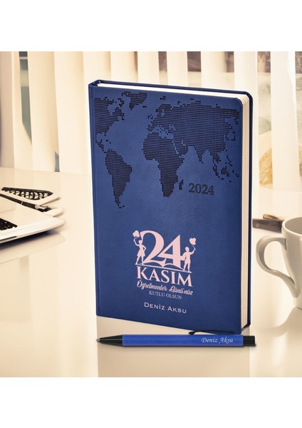 Kişiye Özel Öğretmenler Günü Tasarımlı 378 Lacivert Termo Deri Ajanda 2024 ve Kalem Hediye Seti- 3, Öğretmene Hediye, Öğretmenler Günü