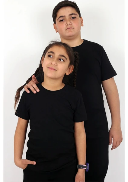 Basic Bisiklet Yaka %100 Pamuk Düz Unisex 7-16 Yaş Çocuk T-shirt 00437