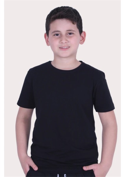 Basic Bisiklet Yaka %100 Pamuk Düz Unisex 7-16 Yaş Çocuk T-shirt 00437