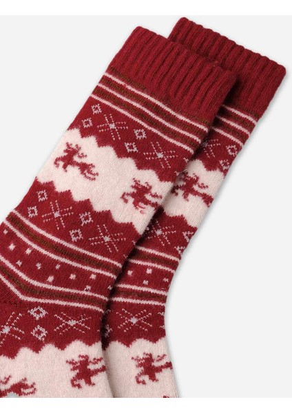 Kadın Lambswool (Koyun Yünü) Tekli Kırmızı Yılbaşı Temalı Çorap - A-49005-K modelleri