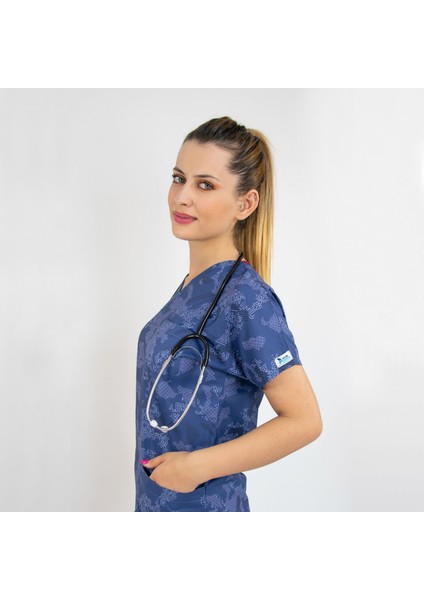 Harita Desenli Likralı Doktor Hemşire Hastane Cerrahi Tek Üst Forma