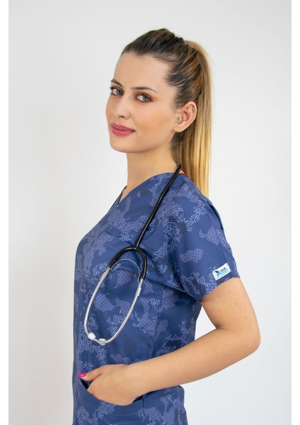 Harita Desenli Likralı Doktor Hemşire Hastane Cerrahi Tek Üst Forma indirimleri