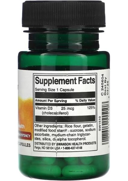 Vitamin D3, 25 Mcg (1,000 Iu), 60 Capsules