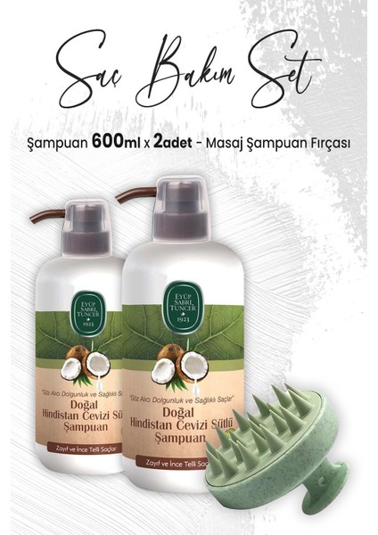 Hindistan Cevizi Sütlü Şampuan 600 ml x 2 Adet ve Masaj Şampuan Fırçası Yeşil