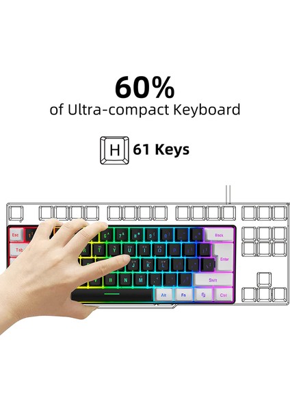 K620 Type-C Kablolu Kırmızı Switch Klavye LED Rgb 61 Tuşlu Rgb Mekanik Oyuncu Işıklı Klavye Ergonomik Tasarım Bilgisayar Pc Için Gaming Keyboard Beyaz Renk