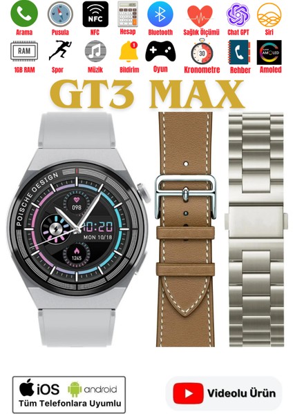 Gt3 Max Porsche Akıllı Saat 3 Kordonlu Full Özellikli 45 Mm Hd Ekran Ios Ve Android Uyumlu Watch 8