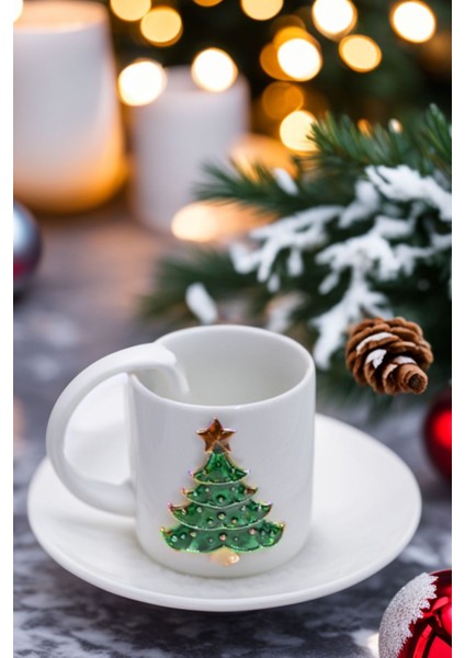 2'li El Yapımı Yılbaşı Ağacı Motifli Lüks Seramik Kahve Bardağı & Fincan Seti fiyatları