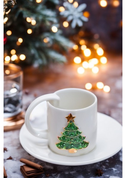 2'li El Yapımı Yılbaşı Ağacı Motifli Lüks Seramik Kahve Bardağı & Fincan Seti modelleri