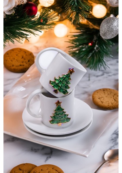 2'li El Yapımı Yılbaşı Ağacı Motifli Lüks Seramik Kahve Bardağı & Fincan Seti fırsatları