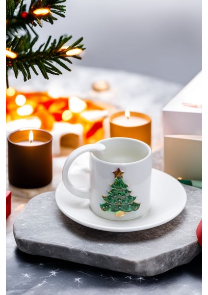 2'li El Yapımı Yılbaşı Ağacı Motifli Lüks Seramik Kahve Bardağı & Fincan Seti indirimleri