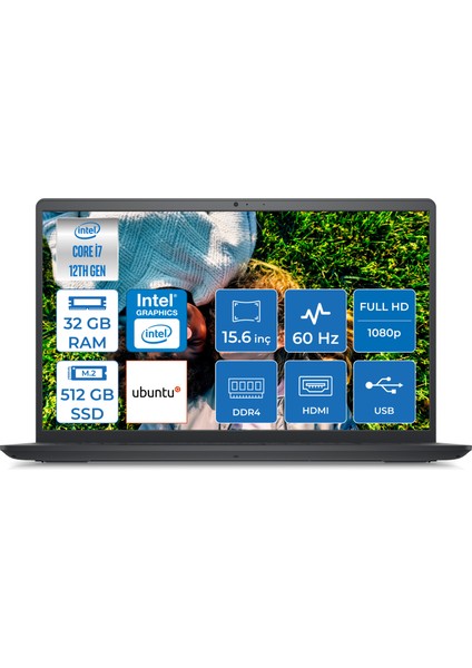 Inspiron 3520 Intel Core i7 1255U 32GB 512GB SSD Ubuntu 15.6" FHD Taşınabilir Bilgisayar I35201013U010