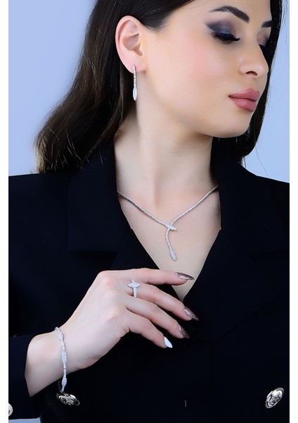 925 Ayar Gümüş Kurşun Pırlanta Montür Su Yolu Bayan Düğün Seti Kolye,bileklik,küpe,yüzük