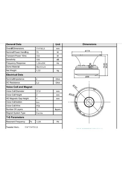 TX-80F Profesyonel Dome Tweeter 11,4 cm 75W Rms 150W Maksimum Güç