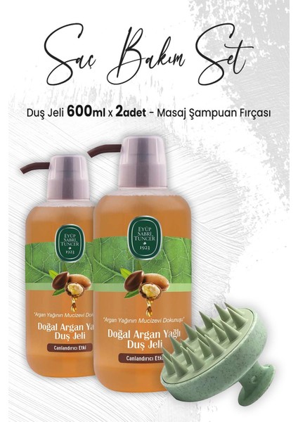 Argan Yağlı Duş Jeli 600 ml x 2 Adet ve Masaj Şampuan Fırçası Yeşil