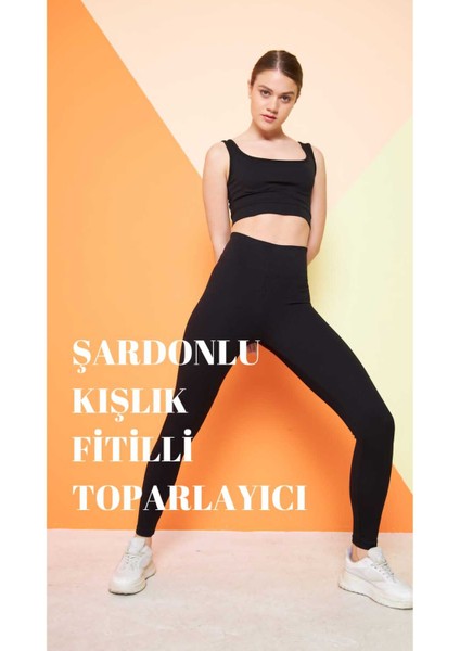 Thiff Gymwear Siyah Yüksek Bel Fitilli Toparlayıcı Interlok Örme Şardonlu Spor Kışlık Tayt