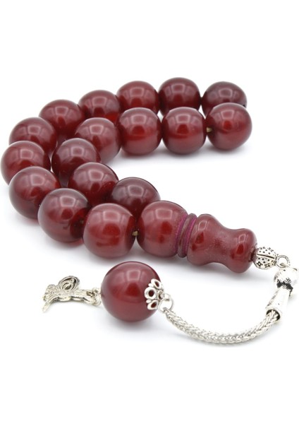 Gümüş Kaplama Kamçılı Vişne Rengi Sıkma Kehribar Efe Maskot Tesbih